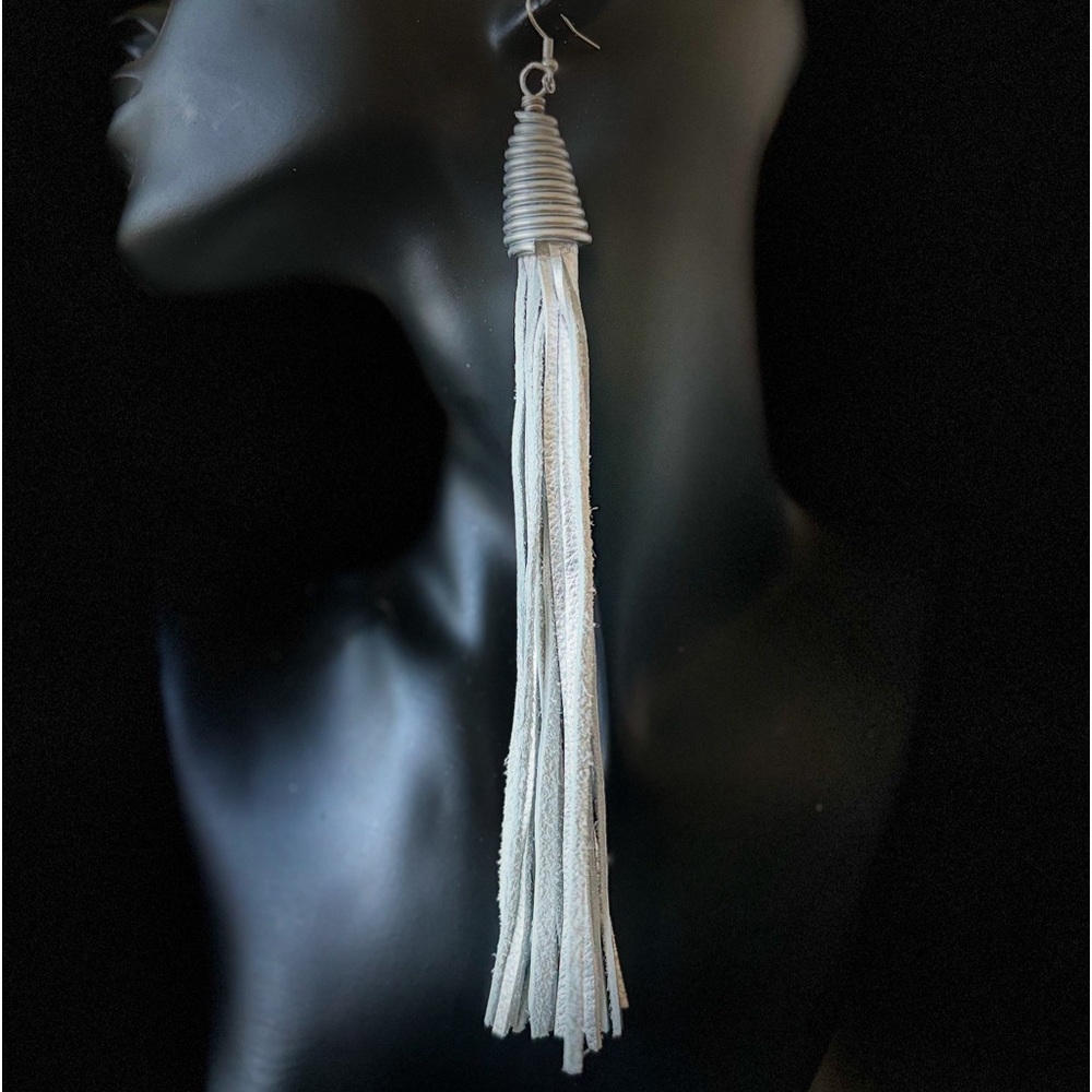 Genuine leather handcrafted white party tassel earrings. Hypoallergenic earrin…